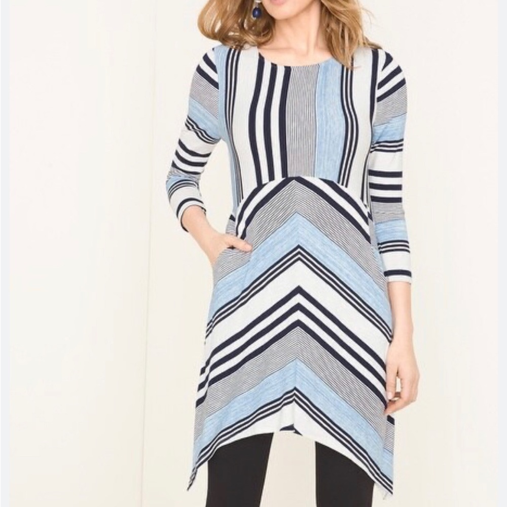Chicos Women's Blue Striped Tunic Blouse Top Size 2 Large